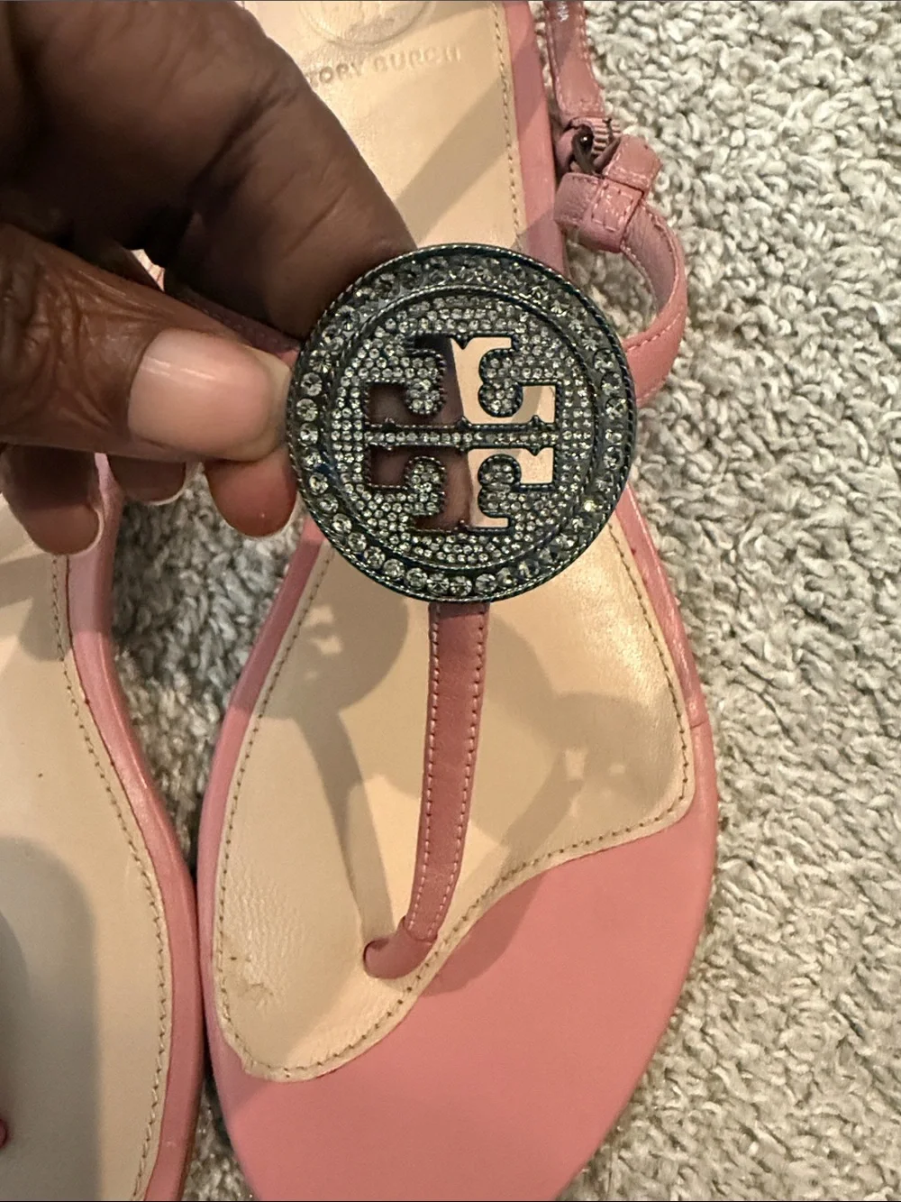 Tory Burch Pink Crystal Logo Thong Sandals